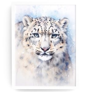 Watercolor Snow Leopard Portrait Wall Art Illustration Print Poster Unframed